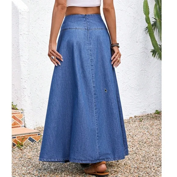 Medium Wash High Waisted Tie Belt Denim Jean Maxi Skirt - Picture 3 of 4